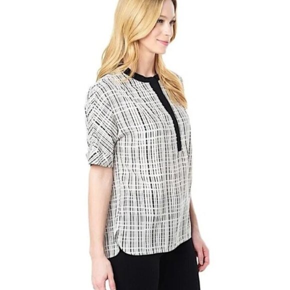 VINCE size 6 Interlace Print Silk Tunic Top Cuffed sleeve 100% silk EUC - Picture 2 of 11